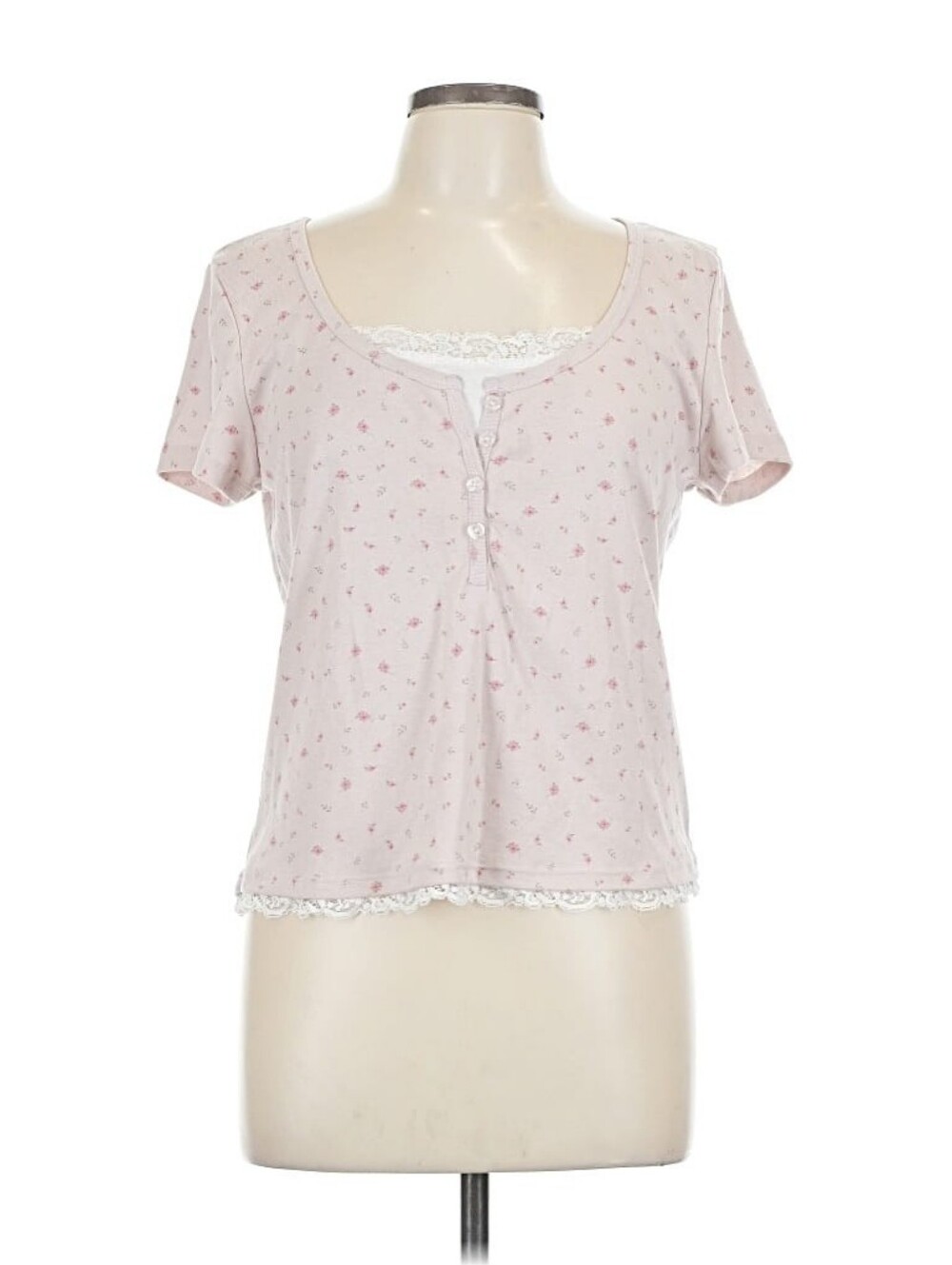 Cute Pastel Pink Floral Lace-Trim Henley